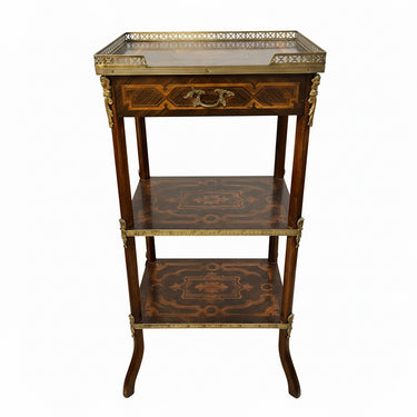 Mesa de apoyo francesa Napoleón III principios siglo XX marquetería bronce y tres niveles Bucarest Art & Antiques