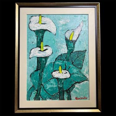 Vittorio Queirolo - Acrílico sobre cartón 'Calas Blancas y cielo celeste' Bucarest Art & Antiques