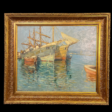 Pacheco Altamirano - Óleo sobre madera 'Embarcaciones y su reflejo en el mar' Bucarest Art & Antiques