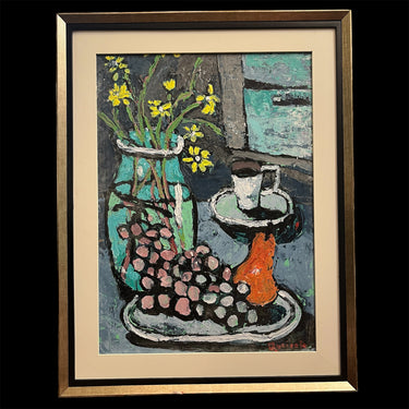 Vittorio Queirolo - Acrílico sobre cartón 'Bodegón flores amarillas y fruta' Bucarest Art & Antiques