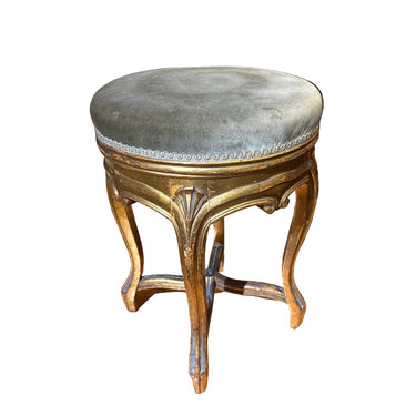 Taburete de madera dorada Luis XV y tapiz terciopelo verde Bucarest Art & Antiques