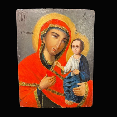 Ícono ruso 'Theotokos de Tikhvin' comienzos s.XX Bucarest Art & Antiques