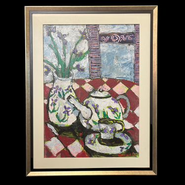 Vittorio Queirolo - Acrílico sobre cartón ‘Bodegón tetera y lirios morados’ Bucarest Art & Antiques