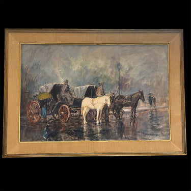 Raúl Ulloa Burgos -Óleo sobre tela 'Carruajes bajo la lluvia' Bucarest Art & Antiques