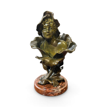 Bucarest Art & Antiques Art Nouveau bronze bust Femme Fleur by Henri Godet with olive green patina on marble base