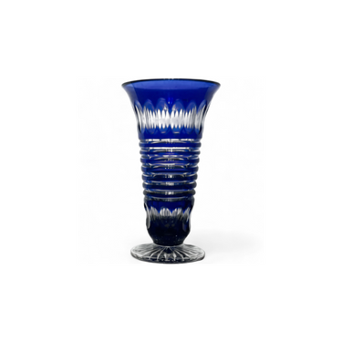 Foto de presentación mejorada — Florero de cristal belga Art Deco tallado azul cobalto Val Saint Lambert forma trompeta