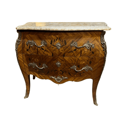 Cómoda francesa bombé estilo Luis XV marquetería mármol amarillo brèche Bucarest Art & Antiques