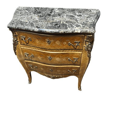 Cómoda francesa Luis XV tres cajones cubierta de mármol marquetería floral Bucarest Art & Antiques