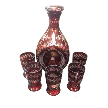 Conjunto botella y copas para cinco personas tallado en rojo Bucarest Art Gallery