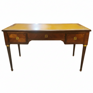 Escritorio Bureau-plat francés estilo Luis XVl en caoba y palo rosa con cubierta de cuero original Bucarest Art & Antiques