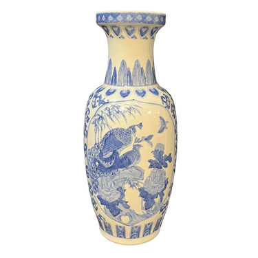 Jarrón chino contemporáneo blanco y azul diseño aves Bucarest Art & Antiques