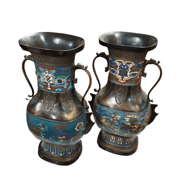 Jarrones Cloissoné chino pareja diseño floral y puntas Bucarest Art & Antiques