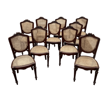 Juego de 10 sillas francesas Louise Philippe caoba tallada y junco Bucarest Art & Antiques