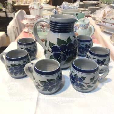 Juego de jarro y tazones en cerámica Gres esmaltada flores azules Bucarest Art Gallery