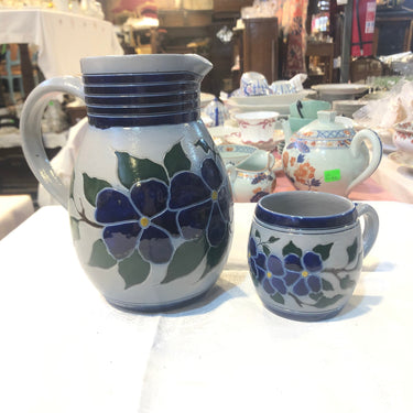 Juego de jarro y tazones en cerámica Gres esmaltada flores azules Bucarest Art Gallery
