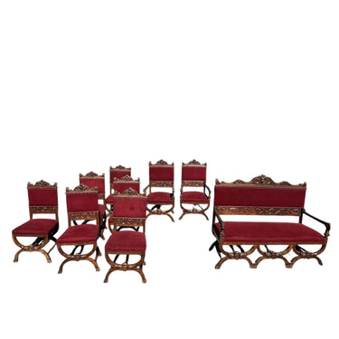 Juego de salón francés estilo Renacentista 9 piezas madera tallada y tapiz terciopelo rojo Bucarest Art & Antiques