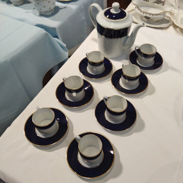 Juego de tacitas de café con tetera porcelana Limoges 'azul y detalle dorado' Bucarest Art Gallery