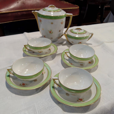 Juego de té porcelana francesa Limoges para 4 personas flores y cinta verde Bucarest Art Gallery