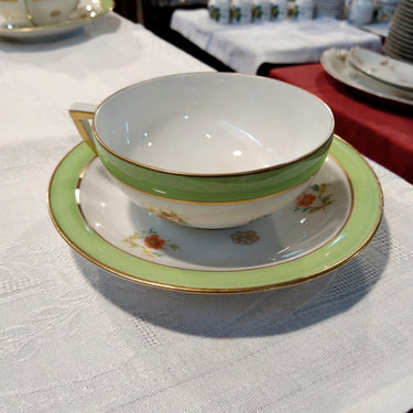 Juego de té porcelana francesa Limoges para 4 personas flores y cinta verde Bucarest Art Gallery
