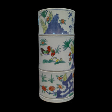 Portapinceles de porcelana china en forma de bambú "Gallos y Vegetación" Bucarest Art & Antiques