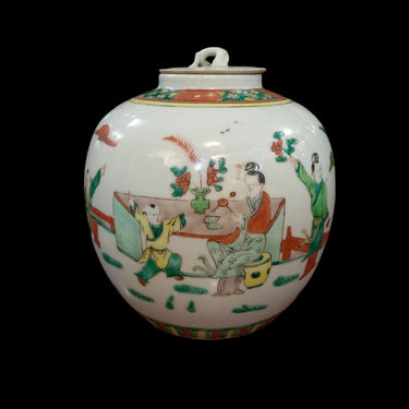 Potiche jengibrero de porcelana china famille rose 'Niño con tutor' Bucarest Art & Antiques