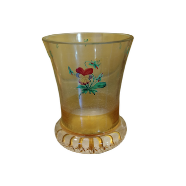 Vaso de cristal tallado amarillo y flores pintadas