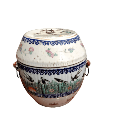 Tambor de porcelana con tapa diseños florales y aves Compagnie des Indes Bucarest Art & Antiques