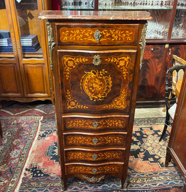 Chiffonier secretaire francés estilo Luis XV marqueteria floral y cubierta de marmol