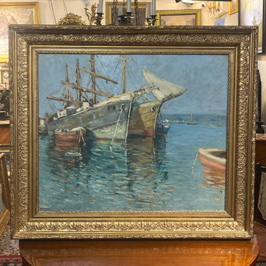 Arturo Pacheco Altamirano - Óleo sobre madera 'Embarcaciones y su reflejo en el mar'