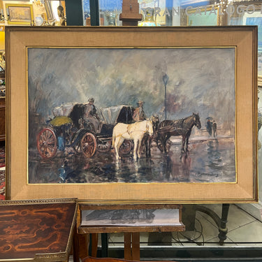 Raúl Ulloa Burgos -Óleo sobre tela 'Carruajes bajo la lluvia' Bucarest Art & Antiques