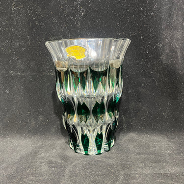 Jarrón de cristal belga Val Saint Lambert diseño lobulado transparente y verde