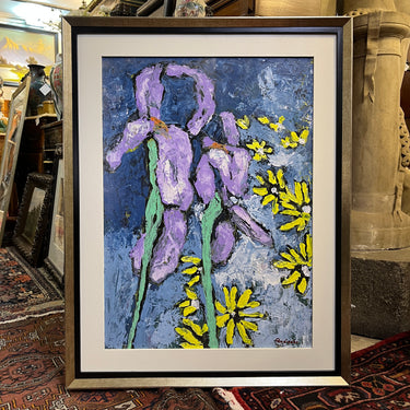 Vittorio Queirolo - Acrílico sobre cartón 'Lirios lilas y margaritas' Bucarest Art & Antiques