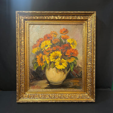 Dora Puelma - Óleo sobre tela naturaleza muerta 'Gerberas amarillas y naranjas' Bucarest Art & Antiques