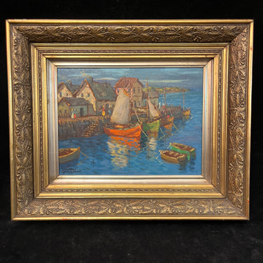 Arturo Pacheco Altamirano - Óleo sobre madera 'Veleros en el muelle'