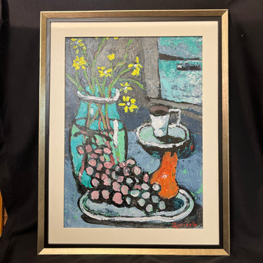 Vittorio Queirolo - Acrílico sobre cartón 'Bodegón flores amarillas y fruta' Bucarest Art & Antiques