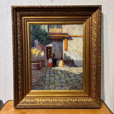 Dario Contreras - Óleo sobre tablilla 'Escena en patio colonial'
