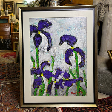 Vittorio Queirolo - Acrílico sobre cartón 'Lirios morados y cielo nublado' Bucarest Art & Antiques