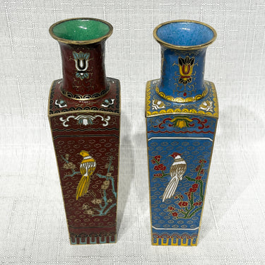 Par de jarrones miniatura chinos en bronce cloisonne ´Bambú´ años 60