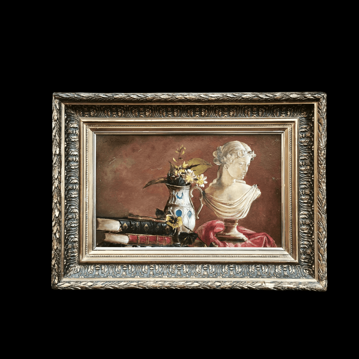 A. Valenzuela Puelma- Óleo sobre madera "Torso y flores"