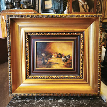 Aristodemo Lattanzi Villela - Oleo sobre madera “Gallinas de corral” Bucarest Art & Antiques