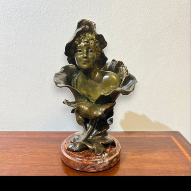 Bucarest Art & Antiques Art Nouveau bronze bust Femme Fleur by Henri Godet with olive green patina on marble base