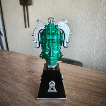 Cabeza maya mexicana piedra malaquita plata base obsidiana Ezequiel Tapia Colección Exclusiva