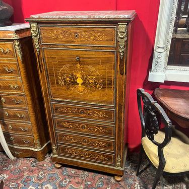 Chiffonier francés Louis XVI marqetería bronce cubierta de mármol y cuero rojo. Bucarest Art & Antiques