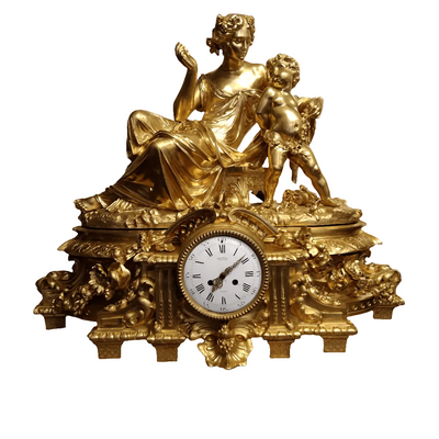 Gran reloj francés de bronce ormolú 'Venus desarmando a Cupido' Bucarest Art & Antiques