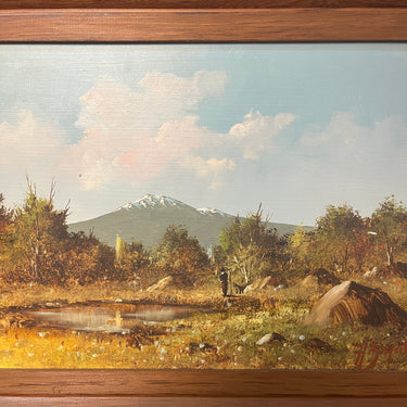 Hugo Zapata - Óleo sobre madera paisaje cordillera caminante con perro Bucarest Art & Antiques