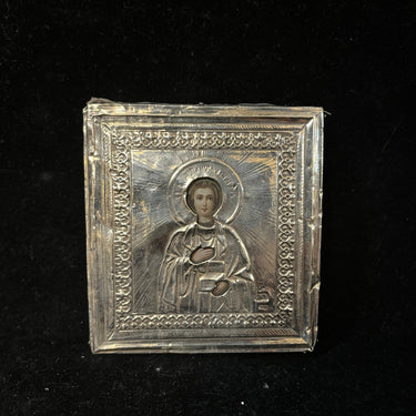 Ícono Ortodoxo ruso San Pantaleón enchapado en plata 84 Bucarest Art & Antiques