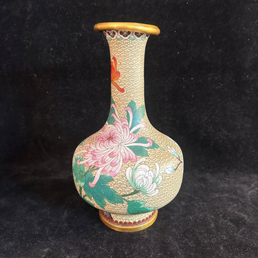 Jarrón chino cloissone en bronce esmaltado amarillo y flores Bucarest Art & Antiques
