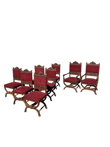 Juego de salón francés estilo Renacentista 9 piezas madera tallada y tapiz terciopelo rojo Bucarest Art & Antiques