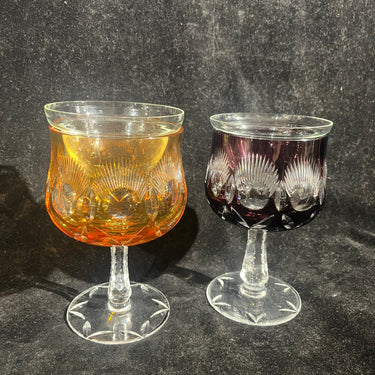 Pareja de copones de cristal tallado con recipiente de caviar ámbar y morado Bucarest Art & Antiques