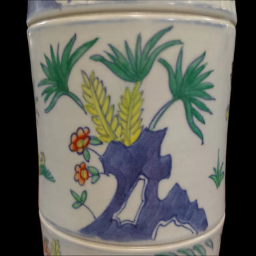 Portapinceles de porcelana china en forma de bambú "Gallos y Vegetación" Bucarest Art & Antiques